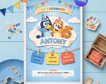 Invitación de cumpleaños de Bluey, plantilla editable de Canva, descarga digital.