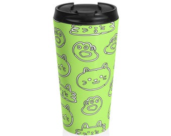 Neon Cat Faces Travel Mug | Lime Green Stainless Steel Tumbler (15oz)