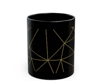 Gold Geometric Lines Black Mug | Minimal Abstract Pattern