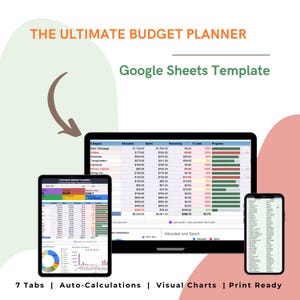 Könnte beinhalten: Eine digitale Budgetplaner-Vorlage, die auf einem Laptop, Tablet und Smartphone angezeigt wird. Die Bildschirme zeigen Finanzdaten, Diagramme und Tabellen. Der Text auf dem Bild lautet "THE ULTIMATE BUDGET PLANNER" und "Google Sheets Template". Zusätzlicher Text lautet "7 Tabs | Auto-Calculations | Visual Charts | Print Ready".