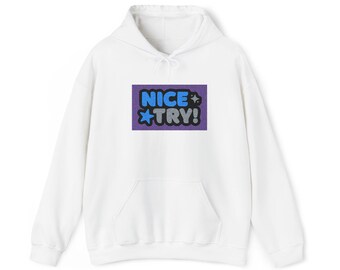 Nice Try! sequin patch Hoodie | playful text graphic, blue purple stars