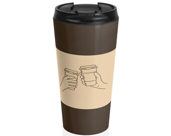 Coffee Cheers Travel Mug | Clinking Cups Illustration, Beige & Brown