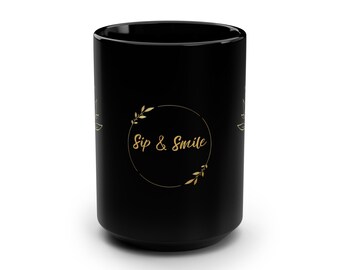 Sip & Smile gold wreath, Black Mug
