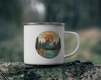 Sunset Mountain Lake camping enamel mug | vintage outdoor scene