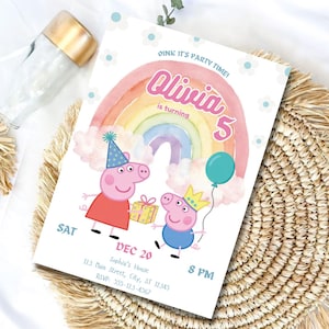 Könnte beinhalten: Eine Geburtstagseinladung mit einem bunten Regenbogen und zwei Cartoon-Schweinen. Die Einladung lautet "Oink it's party time! Olivia wird 5" mit Datum, Uhrzeit und Ortsangaben. Ein türkisfarbener Ballon ist ebenfalls zu sehen.