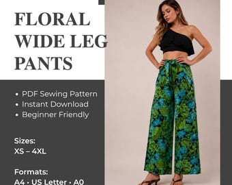 Patron de couture PDF pour pantalon palazzo à jambes larges, taille haute avec ceinture à nouer, à télécharger numériquement. Tailles : XS à XXL.