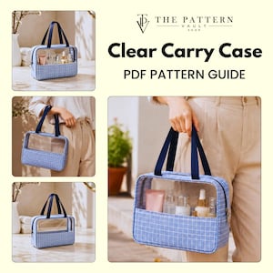 Könnte beinhalten: Eine rechteckige, durchsichtige Tragetasche mit blau-weißem Karomuster, dunkelblauen Griffen und einem Reißverschluss. Der Text "THE PATTERN VAULT SHOP", "Clear Carry Case" und "PDF PATTERN GUIDE" ist auf der rechten Seite abgebildet.