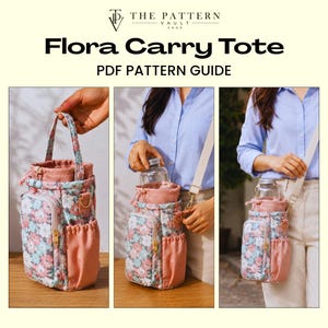 Könnte beinhalten: Eine Flora Carry Tote PDF-Schnittmusteranleitung mit einer blumig bedruckten Tasche in Rosa und Türkis, einem Kordelzugverschluss, einer Reißverschlusstasche vorne und seitlichen Netztaschen. Die Tasche hat einen Tragegriff und einen Schultergurt.