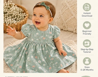 Cartamodello PDF per vestitino da neonata, modello con maniche a sbuffo, vestito per bambina da 0 a 24 mesi, download immediato.
