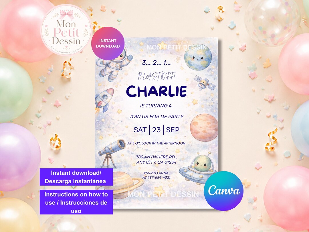 Astronaut Birthday Party Invitation | Editable Canva Template | Fun and ...