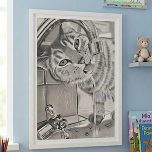 Graphite Tabby Cat Drinking Tap Water on Sink Portrait: Detailed Black and White Kitten Illustration Digital File