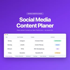 Könnte beinhalten: Ein digitaler Social-Media-Content-Planer mit lila Hintergrund. Der Planer enthält eine Tabelle mit Spalten für Tag, Plattform, Thema und Status. Der Text "Social Media Content Planer" wird prominent angezeigt.