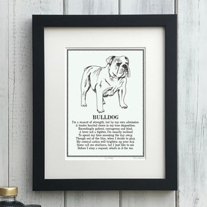Bulldog Print Illustrated Poem, Dog Owner Gift, Personalised Dog Illustration Print , Bulldog Art.