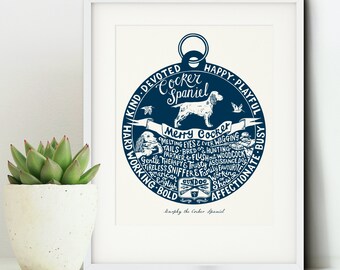 Cocker Spaniel Personalised Dog Art Print, Hand Lettered & Illustrated in Custom Colours