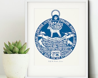 Border Terrier Personalised Dog Art Print, Hand Lettered & Illustrated in Custom Colours