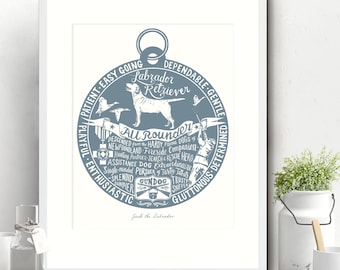 Labrador Personalised Dog Art Print, Hand Lettered & Illustrated in Custom Colours