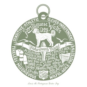 May include: A green circle with a white Portuguese Water Dog illustration in the center. The circle is surrounded by text describing the dog's personality and traits, including "Clever-Independent", "Sensitive-Athletic", "Tireless-Mischievous", "Willful-Agile-Protective", and "A Seafaring Dog & Sailor's Mate". The text also includes the phrase "Fisherman's Friend" and "Bred to Work".