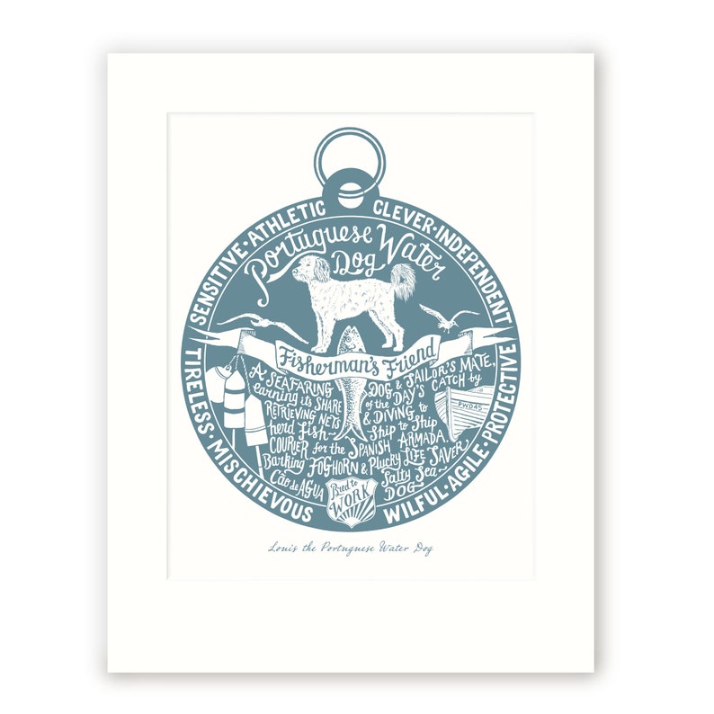 May include: A blue and white illustration of a Portuguese Water Dog with the text "Portuguese Water Dog" and a list of traits, including "Fisherman's Friend", "Seafaring", "Tireless", "Mischievous", "Clever", "Independent", "Protective", "Willful", "Agile".