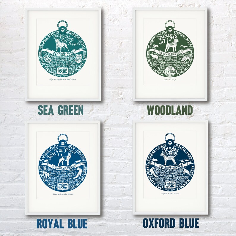 May include: Four framed prints of dog breeds, each with a circular design featuring the breed's name and characteristics. The prints are in four different colors: sea green, woodland, royal blue, and oxford blue.