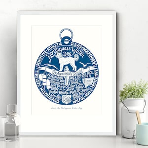 Portuguese Water Dog Personalised Hand Lettered and Illustrated Fine Art Print: Custom Colours