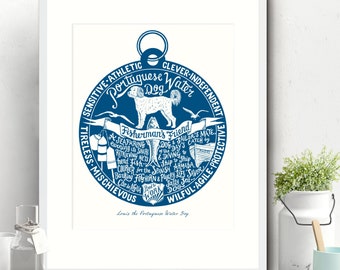 Portuguese Water Dog: Personalised Dog Art Print, Hand Lettered & Illustrated in Custom Colours