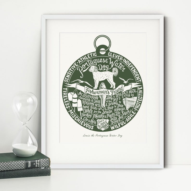 May include: A green and white illustrated print of a Portuguese Water Dog with the words "Portuguese Water Dog" and "Fisherman's Friend" in a circle around the dog. The words "Sensitive, Athletic, Clever, Independent, Tireless, Mischievous, Wilful, Agile, Protective" are also in the circle around the dog.