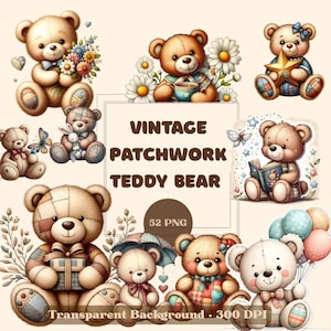 Patchwork Nallebjörn PNG Clipart Bundle, Vintage Björnkonst, Babyfilt Kit Sublimering, Väggdekoration för Barnkammare, Cottagecore Baby Shower