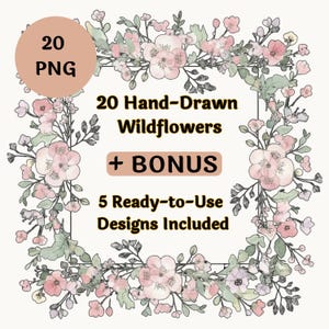 Clipart z dzikimi kwiatami w formacie PNG, zestaw kwiatów Cottagecore z różą i lawendą, botaniczne grafiki ślubne, sztuka do dziennika śmieci, komercyjne pliki cyfrowe