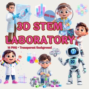 3D STEM Clipart Dzieci Nauka PNG Uroczy Robot Chemia Grafika Nauczyciel Prezent Sublimacja Claymation Gummy Lab Koła zębate Klasa 2026 Szkoła