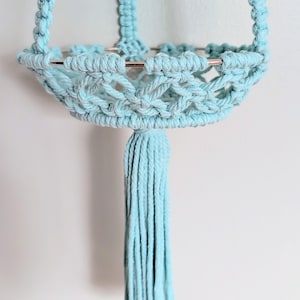 Light Blue Macrame Hanging Basket with Wood Beads | Tapered Coastal Decor (29" Long)