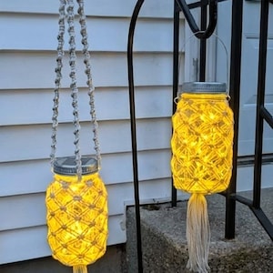 Macrame Solar Lantern Jar, Boho Outdoor Patio Decor, Hanging Mason Jar Fairy Lights