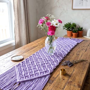 Lavender Macramé Table Runner – 48" Cotton Boho Home Décor with Anti-Fray Fringe