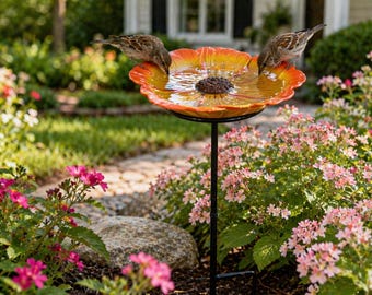 Estaca para bebedero de pájaros con forma de flor roja, decoración de jardín / Comedero para pájaros de exterior / Bebedero de metal para pájaros de jardín / Regalo para amantes de las aves / Decoración para patio y jardín