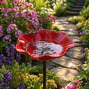 Handcrafted Red Flower Bird Bath Garden Stake, Water Basin for Birds, Outdoor Garden Decor with Metal Stake for Yard|Patio