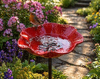 Handgemaakte rode bloem vogelbad tuinpaal, waterbassin voor vogels, buitentuindecor met metalen paal voor tuin|terras