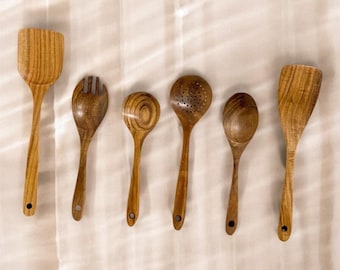 Juego de 6 utensilios de cocina de madera – NATURAL y sostenible