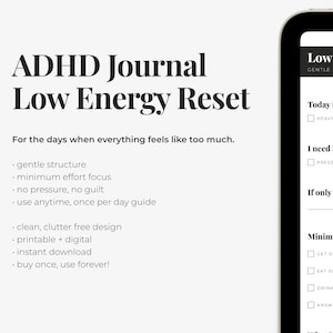 Könnte beinhalten: Digitales ADHD-Journal mit dem Titel "ADHD Journal Low Energy Reset". Das Journal enthält Aufforderungen zur täglichen Reflexion, mit Fokus auf sanfte Struktur und minimalem Aufwand. Es ist zum Drucken konzipiert und steht zum sofortigen Download bereit.