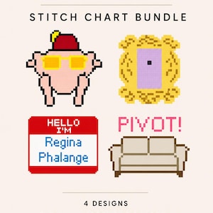Friends Needlepoint stygndiagrampaket | 4 stygndiagram | PDF + Stitchly | Kalkonhuvud | Fotoram | Regina Phalange | Vridbar soffa |