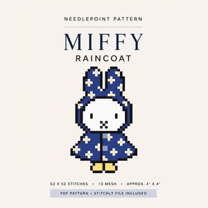 Borduurpatroon Miffy Regenjas PDF | Schattig Konijntje Digitaal Borduurschema | Eenvoudig Borduurpatroon voor Beginners | Directe Digitale Download