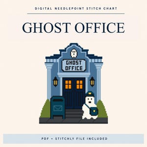 May include: A digital needlepoint stitch chart titled GHOST OFFICE featuring a pixel art building with blue walls, dark doors, and a mailbox. A ghost wearing a mail carrier hat and bag stands in front. Text includes DIGITAL NEEDLEPOINT STITCH CHART.