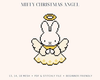 May include: Digital needlepoint stitch chart titled MIFFY CHRISTMAS ANGEL. The graphic features a pixelated white rabbit character with a yellow halo, wings, and a dress. Text includes 13, 14, 18 MESH, PDF & STITCHLY FILE, and CORAL JEAN STUDIO.