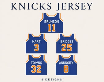 May include: A needlepoint stitch chart bundle featuring five blue basketball jersey designs with orange trim. The jerseys display names and numbers: Brunson 11, Hart 3, Bridges 25, Towns 32, and Anunoby 8. The text reads: NEEDLEPOINT STITCH CHART BUNDLE KNICKS JERSEY 5 DESIGNS PDF + STITCHLY FILES INCLUDED.