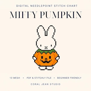 Könnte beinhalten: Ein digitales Stickmuster für Needlepoint mit dem Titel MIFFY PUMPKIN von Coral Jean Studio. Die Grafik zeigt einen verpixelten weißen Hasen in einem orangefarbenen Kürbiskostüm mit grünem Kragen. Text enthält 13 MESH, PDF & STITCHLY FILE.