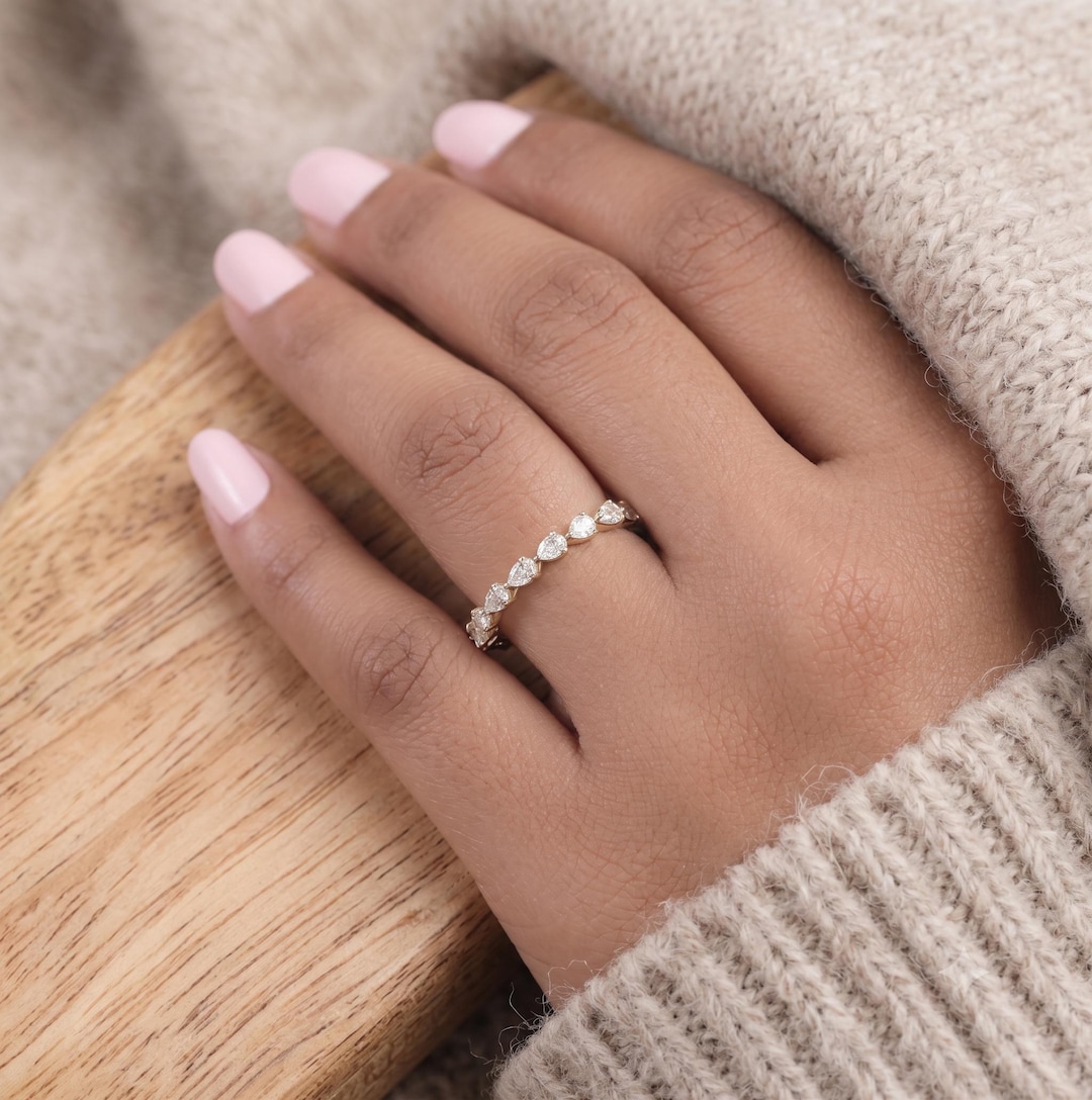 Pear Cut Moissanite Eternity Band, 14K Solid Yellow Gold Wedding Ring ...