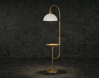 Handcrafted Brass Arc Floor Lamp with Tray Table, Mid-Century Modern Reading Light