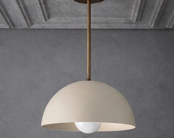 Cream Dome Pendant Light | Antique Brass Minimalist Hanging Lamp | Mid Century Modern Lighting