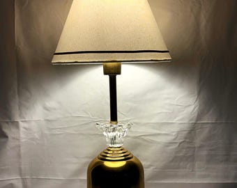 Handmade Brass Table Lamp, Glass Accent, White Shade, Modern Bedside Lighting