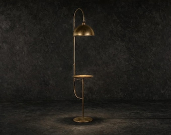 Handcrafted Brass Arc Floor Lamp with Tray Table, Mid-Century Modern Reading Light