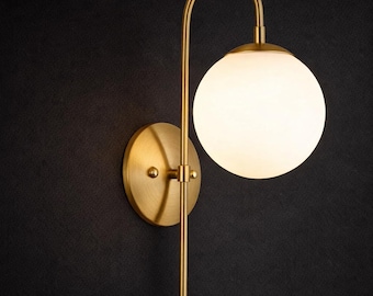 Modern Brass Globe Wall Sconce, Mid Century Glass Vanity Light, Bedroom Bedside Lamp