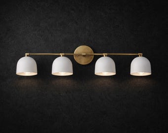 Modern 4-Light Vanity Sconce | Brushed Brass, White Dome Shade Bathroom Light 29 Inch